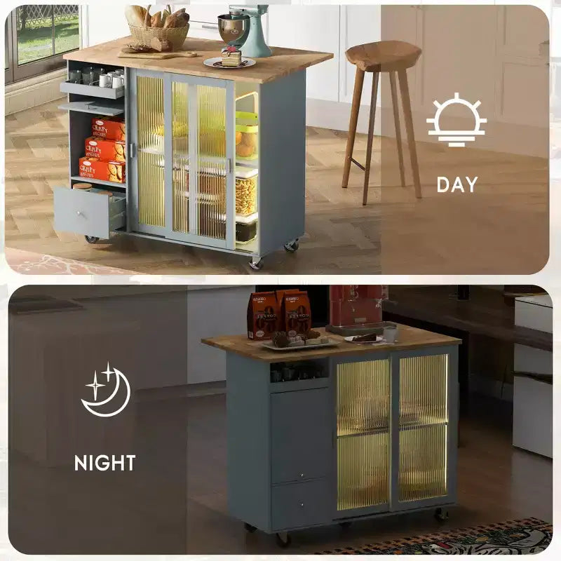 Carrello da Cucina su Ruote con Luce LED, 2 Cassetti e Ripiano Regolabile