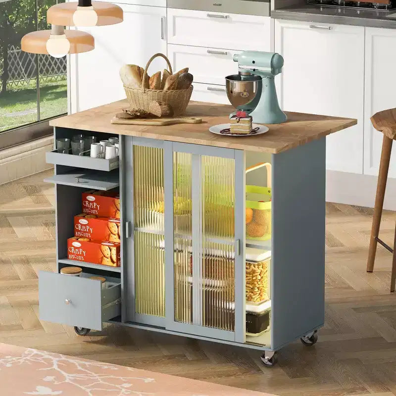 TROPOW Rolling Kitchen Island Cart with LED Light, Adjustable Shelf Kitchen Island Table with Storage 2 Drawers, Island on Wheels