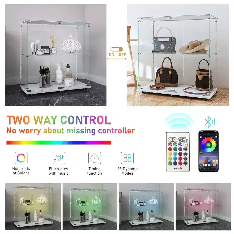 Vetrinetta in vetro temperato con striscia luminosa Bluetooth e ruote bloccabili