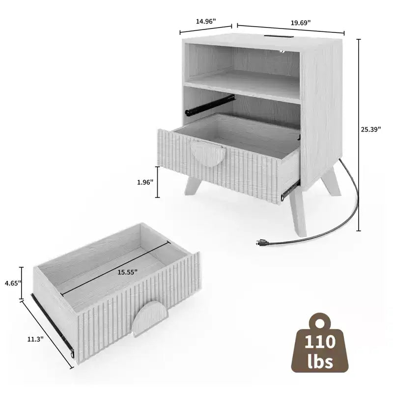 Comodino scanalato con cassetto e ripiano a giorno