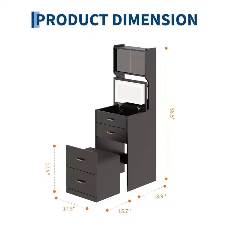 Tocador con espejo a ribalta, luces LED, taburete con espacio de almacenamiento y compartimento oculto