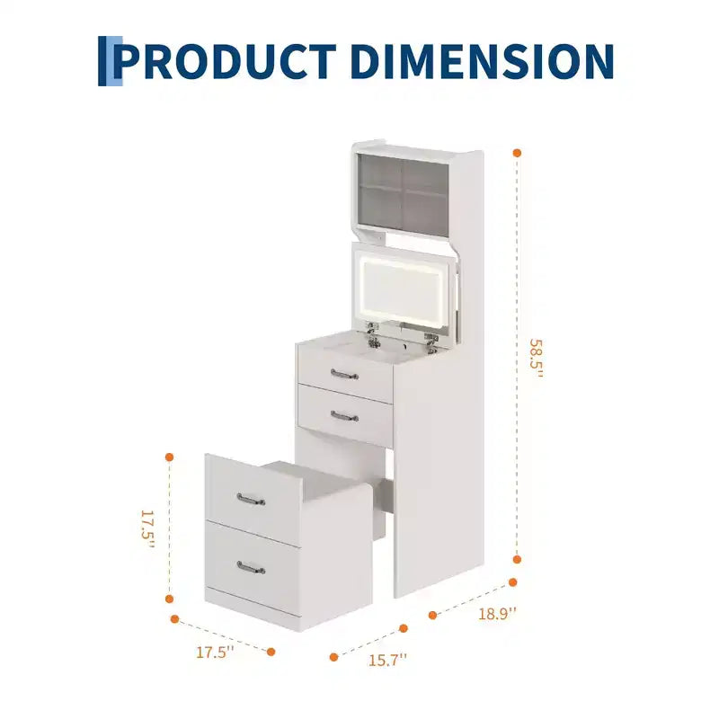 Tocador con espejo a ribalta, luces LED, taburete con espacio de almacenamiento y compartimento oculto
