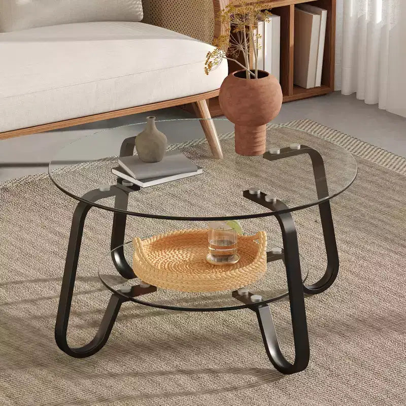 Retro Minimalist Metal Frame Coffee Table with Double Tempered Glass Layers, Size 31.5x31.5x17.7 Inches