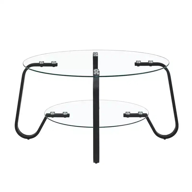 Tavolino rotondo con struttura in metallo e doppio ripiano in vetro temperato, 80 x 80 x 45 cm
