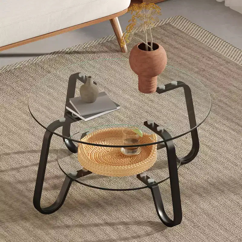 Tavolino rotondo con struttura in metallo e doppio ripiano in vetro temperato, 80 x 80 x 45 cm