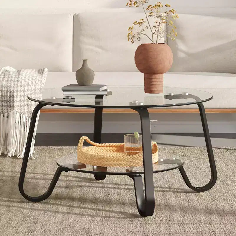Tavolino rotondo con struttura in metallo e doppio ripiano in vetro temperato, 80 x 80 x 45 cm