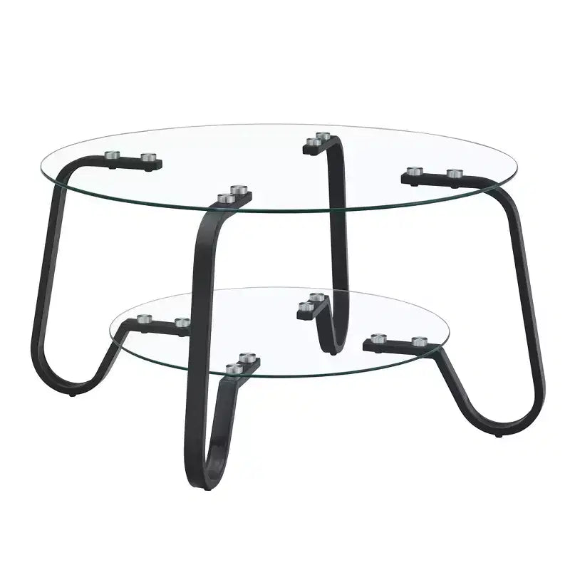 Tavolino rotondo con struttura in metallo e doppio ripiano in vetro temperato, 80 x 80 x 45 cm