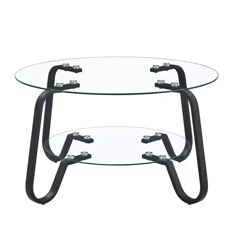 Tavolino rotondo con struttura in metallo e doppio ripiano in vetro temperato, 80 x 80 x 45 cm