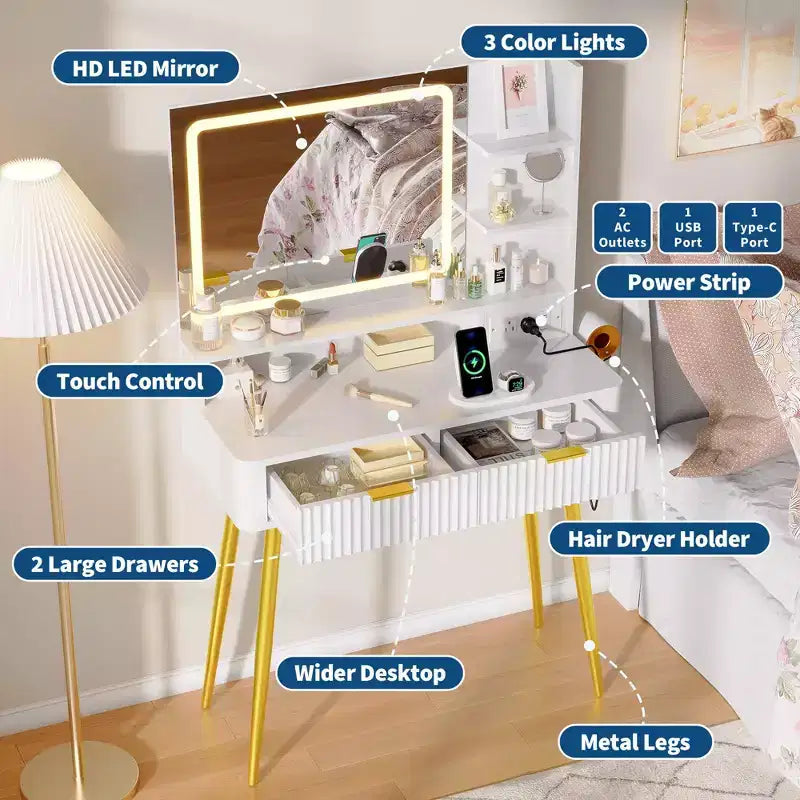 Vanity desk a LED da 31,5" con specchio e 2 cassetti