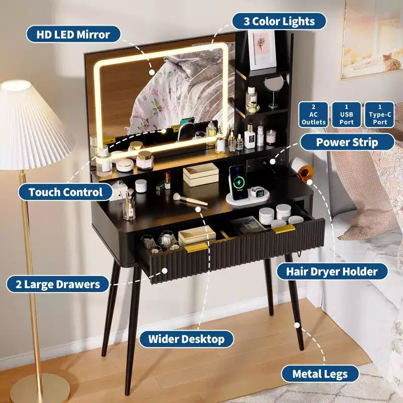 Vanity desk a LED da 31,5" con specchio e 2 cassetti