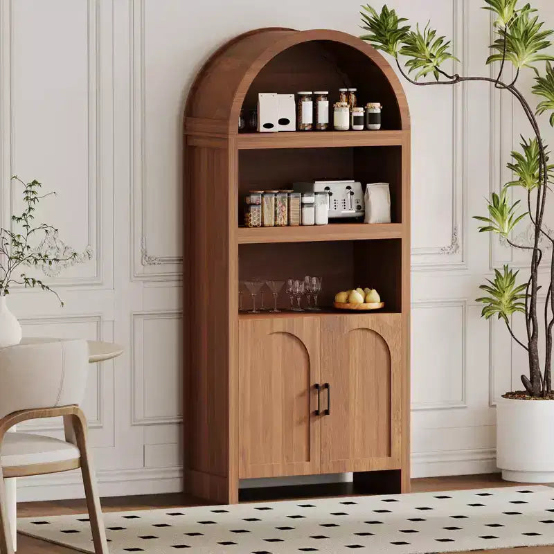 71 Tall Arched Storage Cabinet with Open Shelves & Doors, 5-Tier Modern Bookcase for Dining Room, Kitchen, or Living Room - Brown