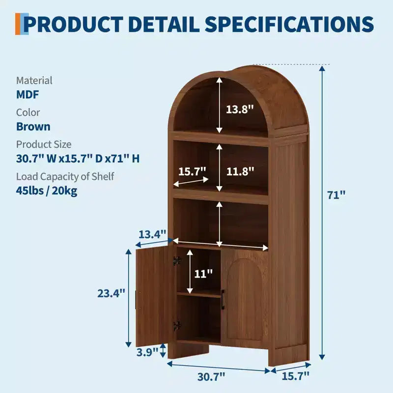 Mobile credenza ad arco da 71 pollici con ripiani aperti e ante, libreria a 5 livelli per sala da pranzo, cucina o soggiorno - Marrone