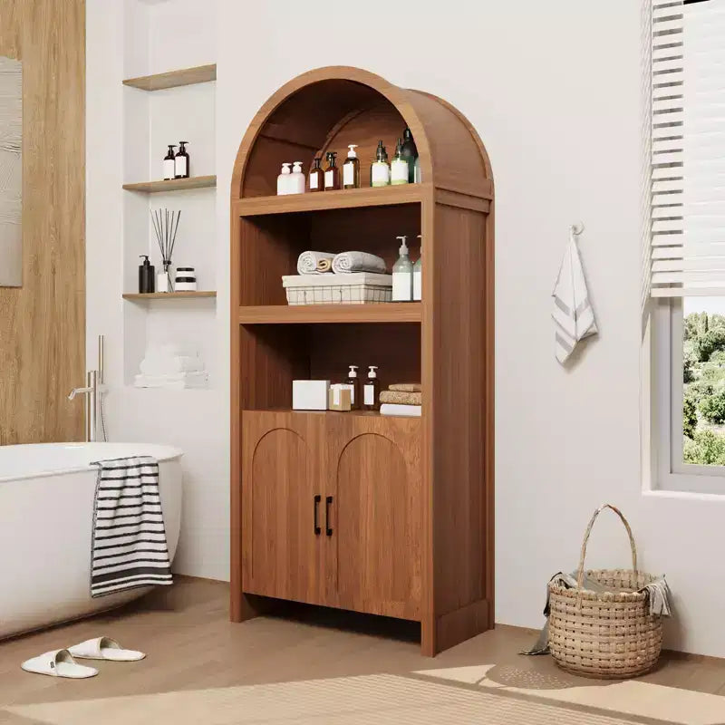Mobile credenza ad arco da 71 pollici con ripiani aperti e ante, libreria a 5 livelli per sala da pranzo, cucina o soggiorno - Marrone