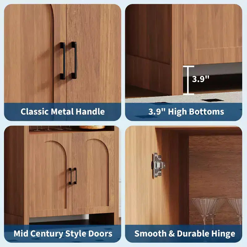 Mobile credenza ad arco da 71 pollici con ripiani aperti e ante, libreria a 5 livelli per sala da pranzo, cucina o soggiorno - Marrone