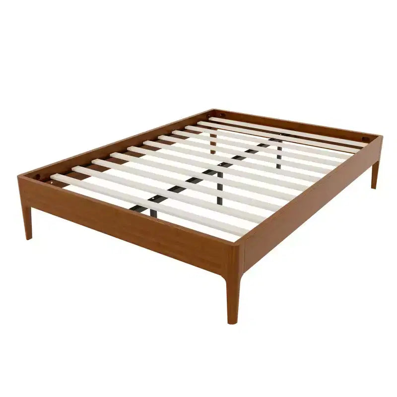 Letto a piattaforma in bambù massiccio con supporto centrale in metallo e contenitore sotto il letto