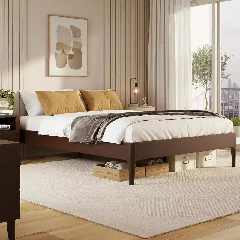 Letto a piattaforma in bambù massiccio con supporto centrale in metallo e contenitore sotto il letto
