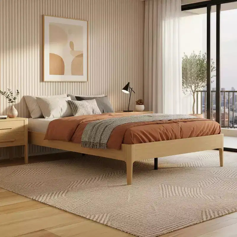 Letto a piattaforma in bambù massiccio con supporto centrale in metallo e contenitore sotto il letto