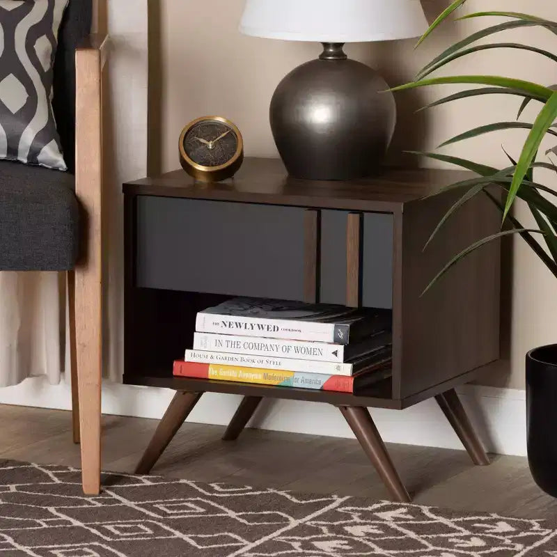 Comodino in legno bicolore a 1 cassetto – Grigio e noce